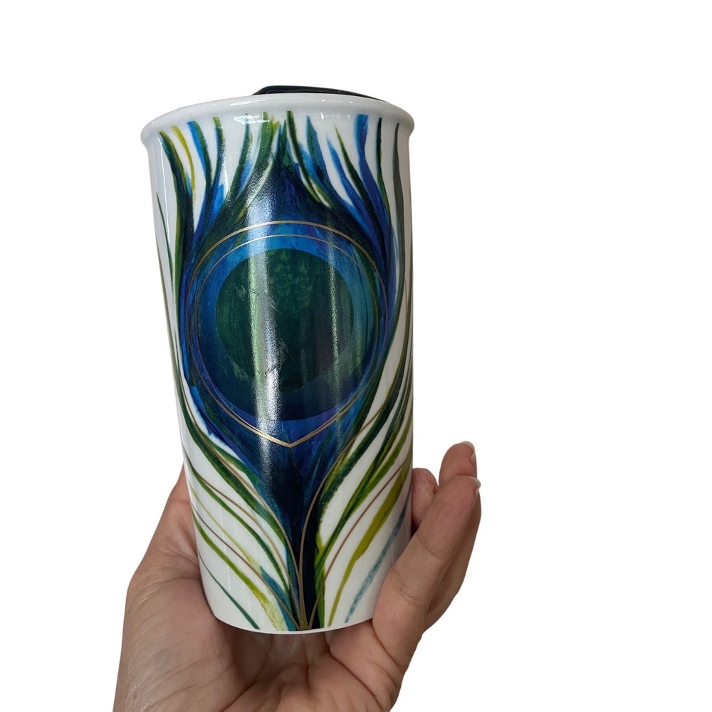 Starbucks 2015 Peacock Feather Ceramic Travel Tumbler Mug with Lid 12oz White